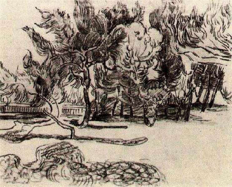 Pine Trees near the Wall of the Asylum, 1889 - Вінсент Ван Гог