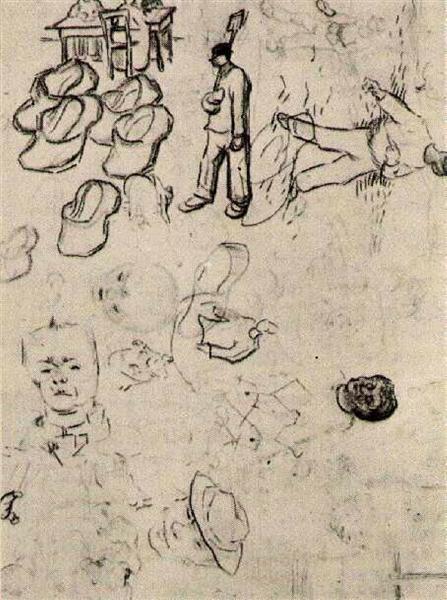 Sheet with Figures at a Table, a Sower, Clogs, etc, 1890 - Винсент Ван Гог