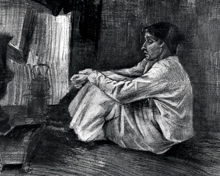 Sien with Cigar Sitting on the Floor near Stove, 1882 - Винсент Ван Гог