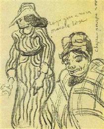 Sketch of a Lady with Striped Dress and Hat and of Another Lady, Half-Figure - Винсент Ван Гог