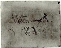 Sketches of Peasant Plowing with Horses - 梵谷