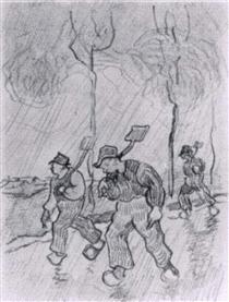 Three Peasants with Spades on a Road in the Rain - 梵谷