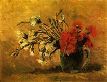 Vase with Red and White Carnations on a Yellow Background - Винсент Ван Гог