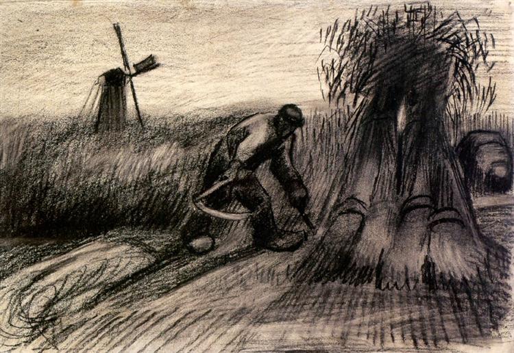 Wheatfield with Reaper and Peasant Woman Binding Sheaves, 1885 - Vincent van Gogh