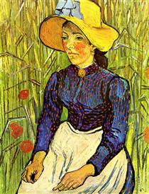 Young Peasant Girl in a Straw Hat sitting in front of a wheatfield - Винсент Ван Гог