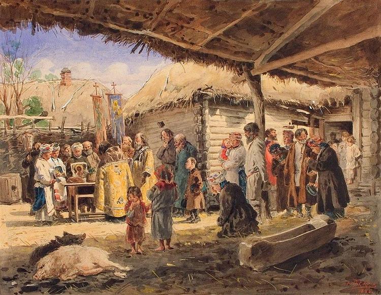 Prayer service at the farm in Ukraine. Sketch for the painting "Prayer at Easter", 1886 - Wladimir Jegorowitsch Makowski