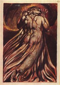 A white haired man in a long, pale robe who flees from us with his hands raised - William Blake