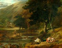 Borrowdale, Cumberland, with Children Playing by the Banks of a Brook - William Collins