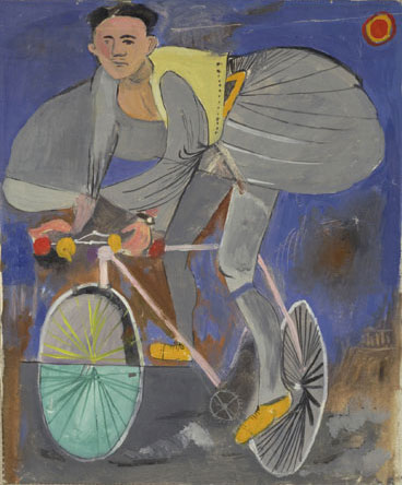 Cyclist dressed up (with traditional Greek costume) and a temple on the right corner, 1936 - Giannis Tsarouchis