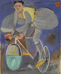 Cyclist dressed up (with traditional Greek costume) and a temple on the right corner - Giannis Tsarouchis
