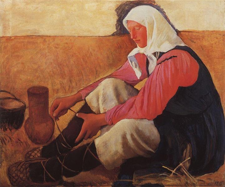 Peasant woman getting her shoes on, 1915 - Sinaida Jewgenjewna Serebrjakowa